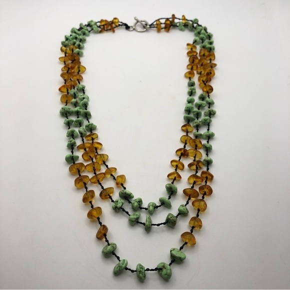 Vtg Sterling Amber Turquoise Pale Green Stone Multi Strand Knotted Silk 18” - Picture 3 of 8